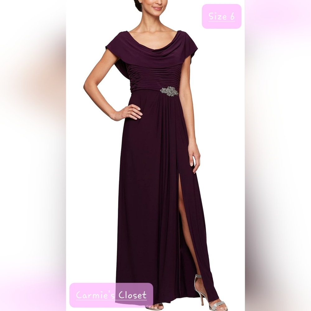🔥NWT🔥OBO🔥 🔵 Alex Evenings Women's Long Cowl Neck A-line Dress Eggplant Sz 6